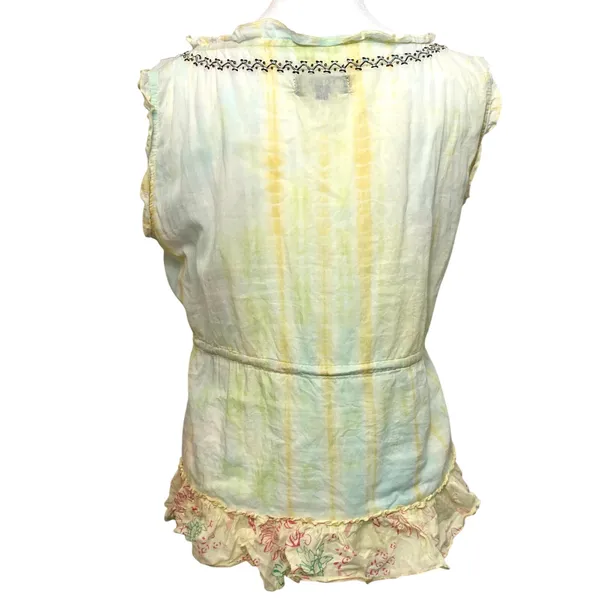 Vintage Y2K Tokyo Denim Yellow Silk Hippie Embroider Bead Tank Blouse Top Medium - Image 2