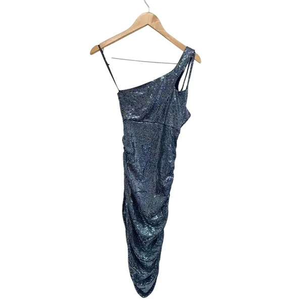 AQUA One Shoulder Sequin Ruched Bodycon Dress Black Sparkle Size Small NEW - Image 2