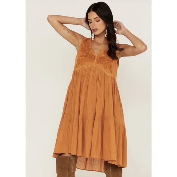 Talisman Athena Embroidered Mini Dress Large Mustard Yellow Boho Tiered Festival - Image 3