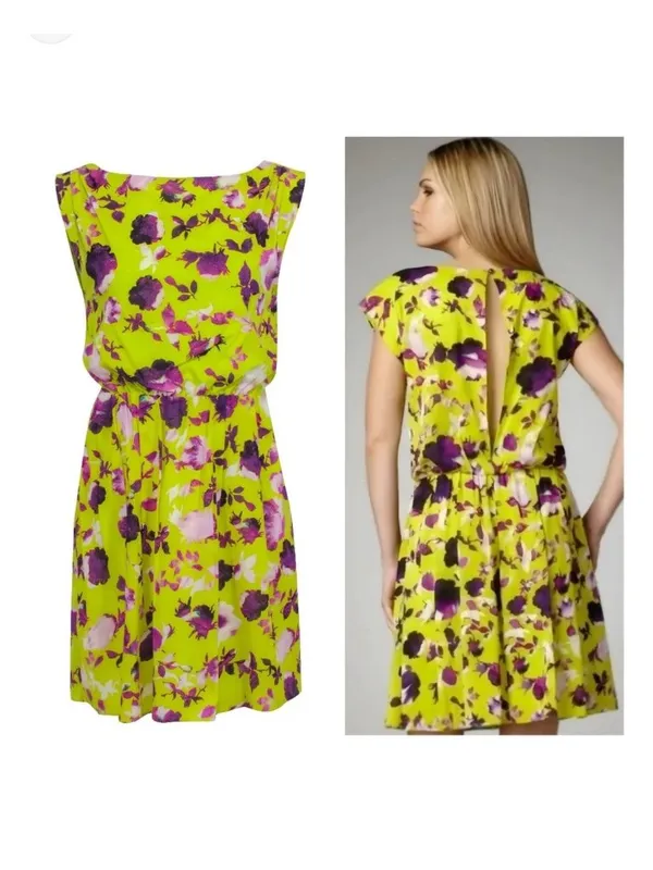 Alice + Olivia Corrine Chartreuse and Purple Floral Silk Dress Sz S-see Meas. - Image 2