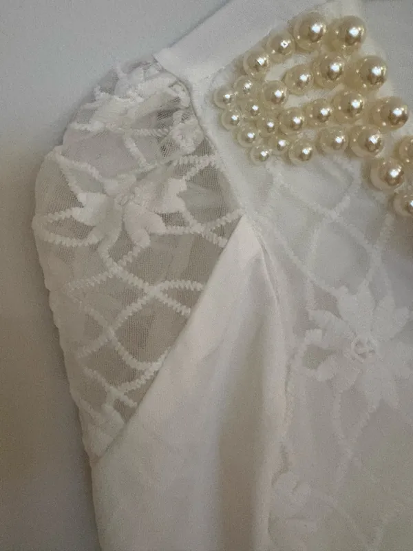 Elegant White Lined Lace & Pearl Long Sleeve Blouse - Coquette Style (Asian M) - Image 7