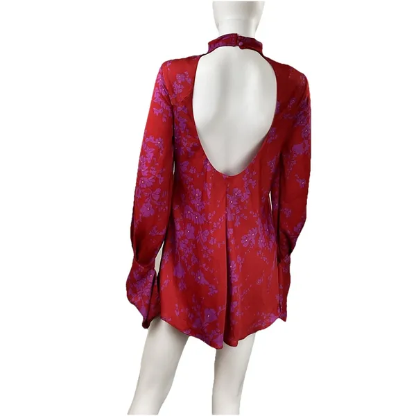 Free‎ People Aries Open Back Floral Long Sleeve Mini Dress Red XS - Image 5