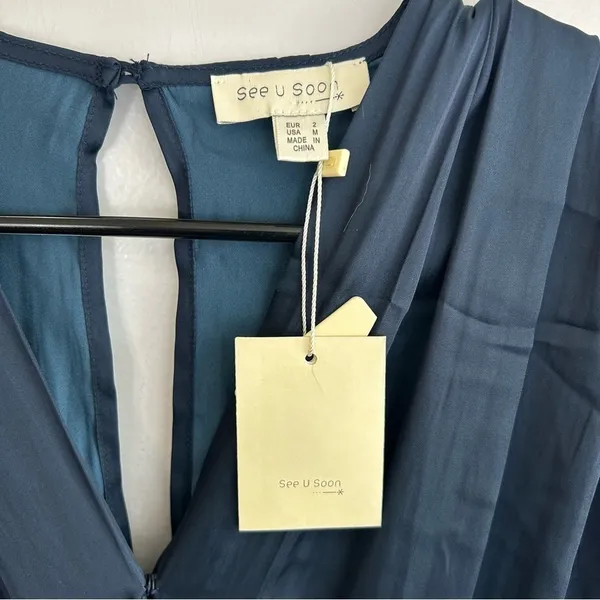 NWT See You Soon Dusty Blue Satin Long Sleeve Mini Dress Medium Anthropolgie - Image 5