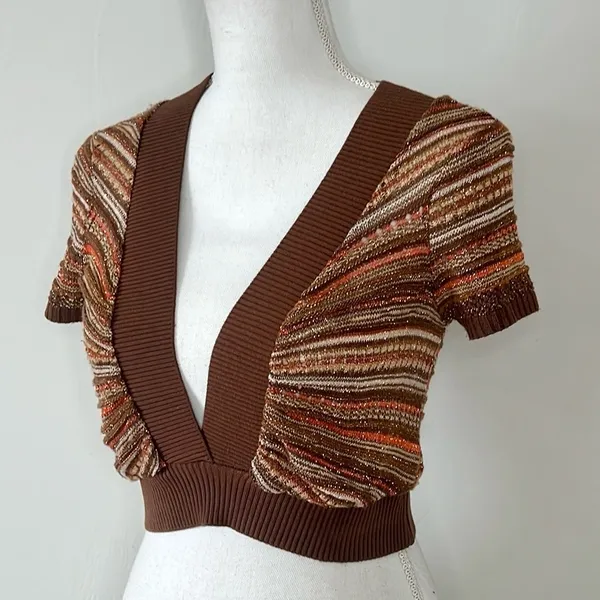 Striped Crochet Knit Top Brown Size M - Image 2