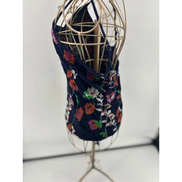 Anthropologie Kellen Floral Embroidered Cami Tank Navy Spaghetti Strap Top XS - Image 9