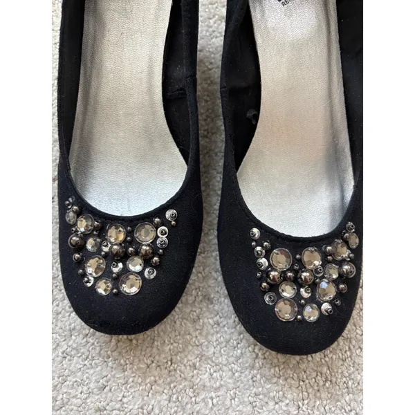 Report Wedge Heels Womens 8 Black Rhinestone Embellished Low Pump Evening Glam‎ - Image 3