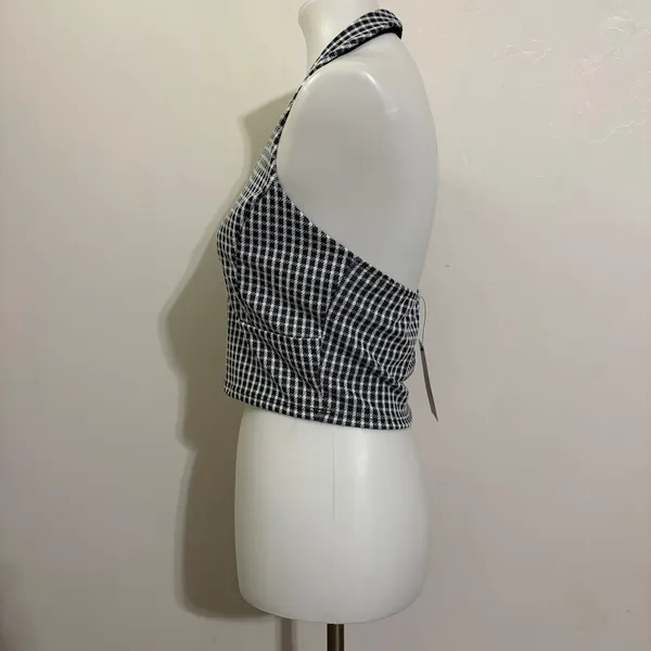 21 Saints Halter Crop Top L Black White Houndstooth Backless V-Neck Mod Summer - Image 3