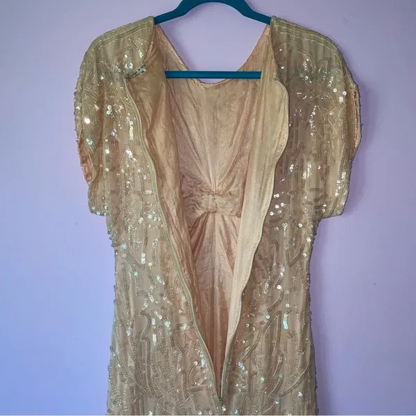 Vintage Size M Pastel Peach Silk Sequin Ball Gown Formal Dress Modest Hoco Prom - Image 11
