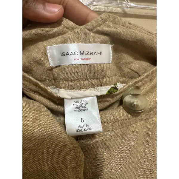 Isaac Mizrahi Womens Linen Blend Trousers Wide Leg Cropped Beige Button Accent‎ Pants Size 8 - Image 2