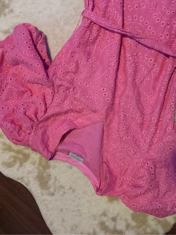 Dress forum pink embroidered floral midi tiered puff sleeve party summer $98 - Image 3