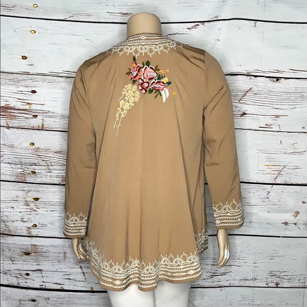 Novica Size XL Tan - Floral Embroidered Open Front Boho Cardigan Jacket - Image 3