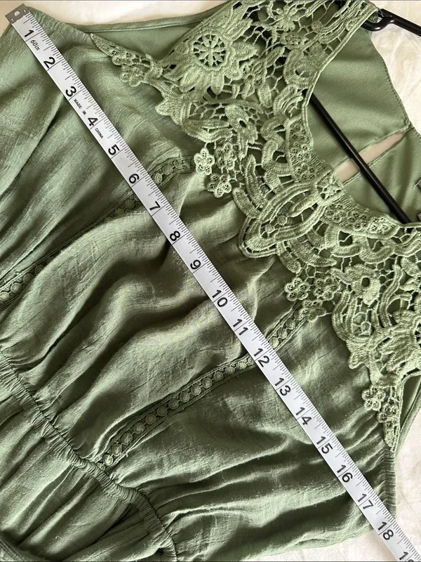 Figueroa & Flower Olive Lace Crochet Yoke Maxi Dress with Tie Waist Size M - Image 8