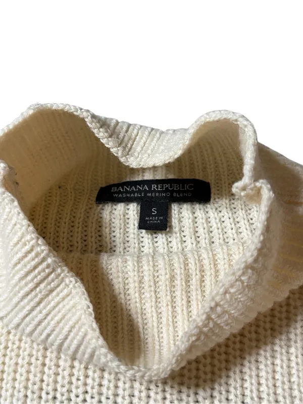 Banana Republic Merino Wool Striped Mock Neck Sweater Cream Black Small S - Image 2