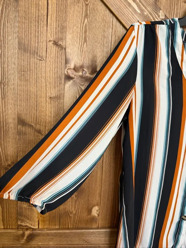 Maurices Women’s Medium Striped Button Front 3/4 Sleeve Blouse Black Orange Teal - Image 2
