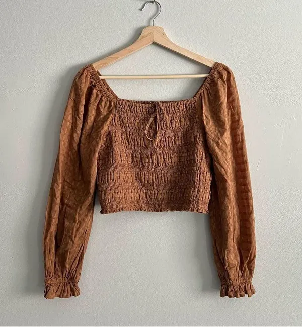 American Eagle Smocked Blouse NEW Brown Puff Long Sleeve Size Medium Square Neck - Image 2