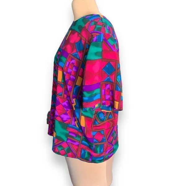 Vintage Hill & Archer Shirt Geometric Multicolor Purple Blue Crinkle‎ Fabric - Image 2