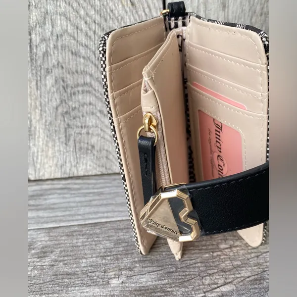 Juicy Couture Black Beige Monogram Tab Card Wallet with Heart Keychain Charm - Image 3