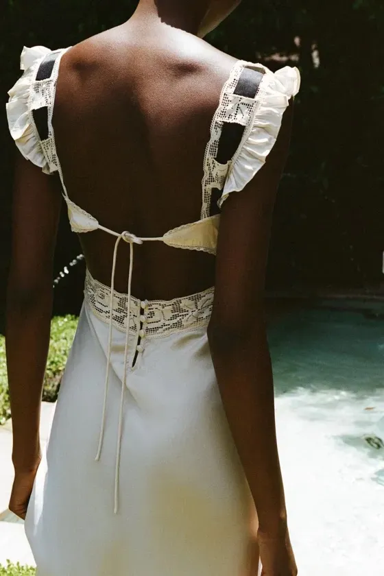 Zara dress lingerie style ivory black lace crochet ribbon tied satin effect maxi - Image 10