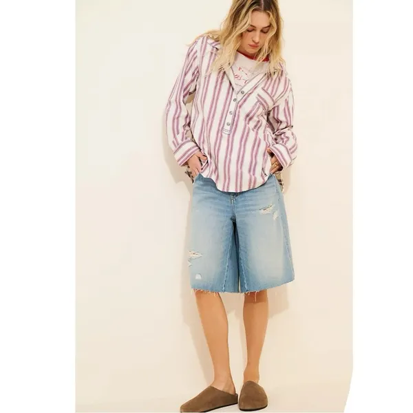 Free People Bohemian Preppy Pullover Shirt Tunic Ivory Stripes Coastal Medium - Image 6