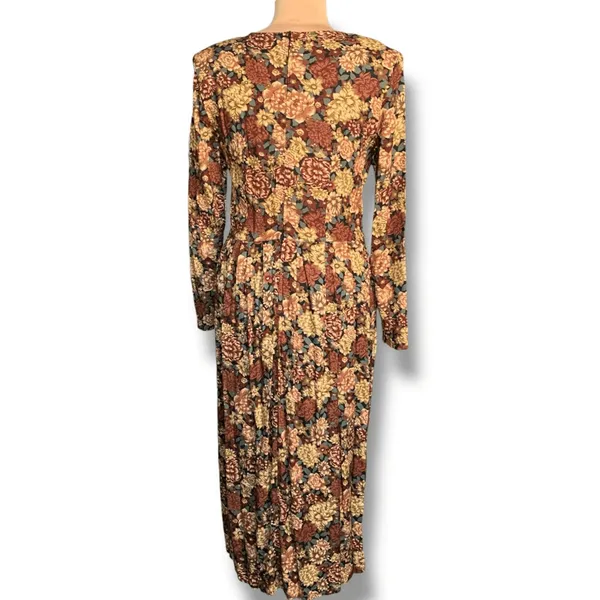 Vintage Brown Floral Midi Dress Long Sleeve Rayon Boho 90s‎ Grunge Size 10 Boho - Image 8