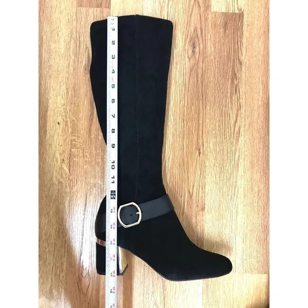 DKNY Caira Black Gold Vegan Suede Knee High Boot Buckle‎ Chunky Heel Size 6 New - Image 12