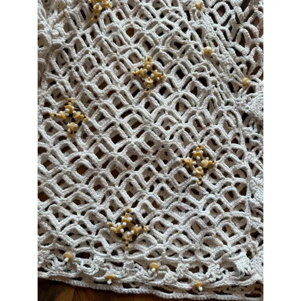 Unbranded Crochet Cardigan Women OS Cream Beaded Boho Open Knit‎ Sweater swim - Image 2