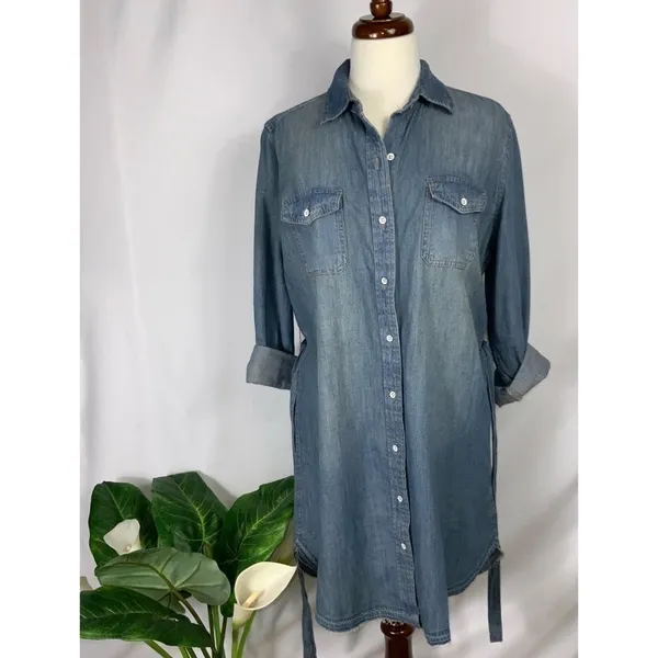 Universal Threads Blue Faded Button Down Raw Hem Belted Denim Casual Dress Small - Image 3