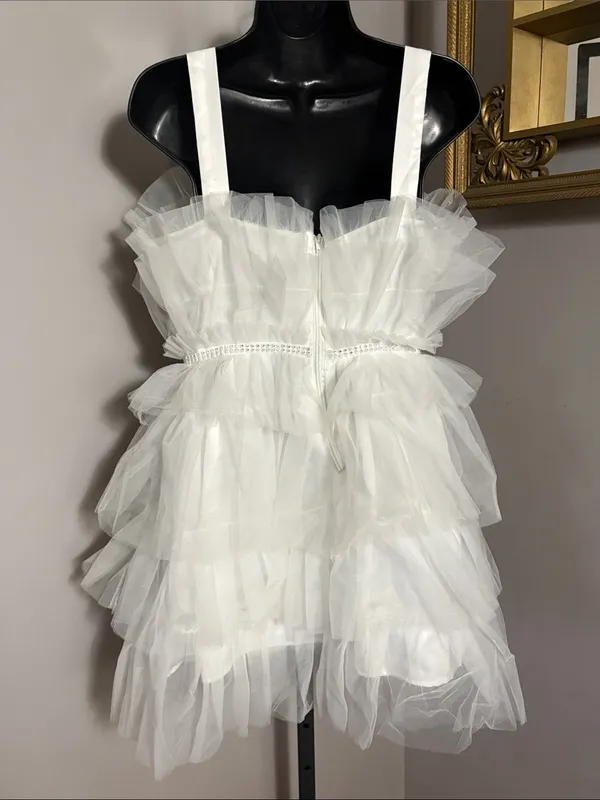 Streetwear Society Large White Layered Tulle Ruffle Dress Bling Waistline - Image 2