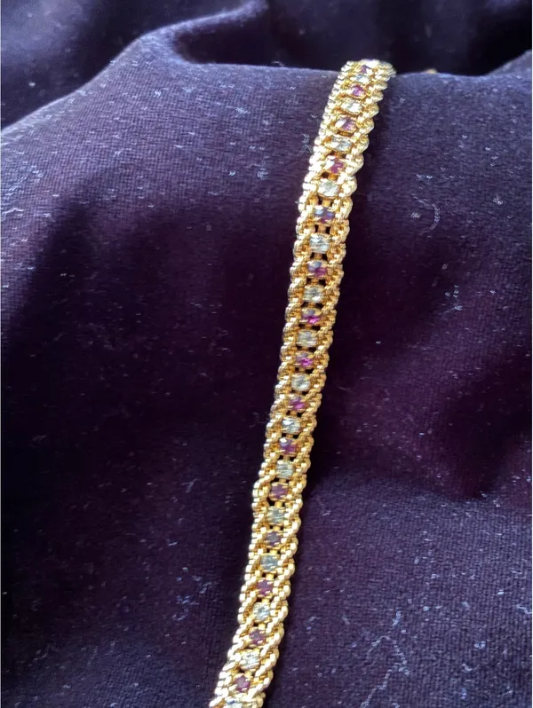 Vintage Mid-Century Gold Tone Purple & Clear Rhinestone Tennis Bracelet 7" - Image 6