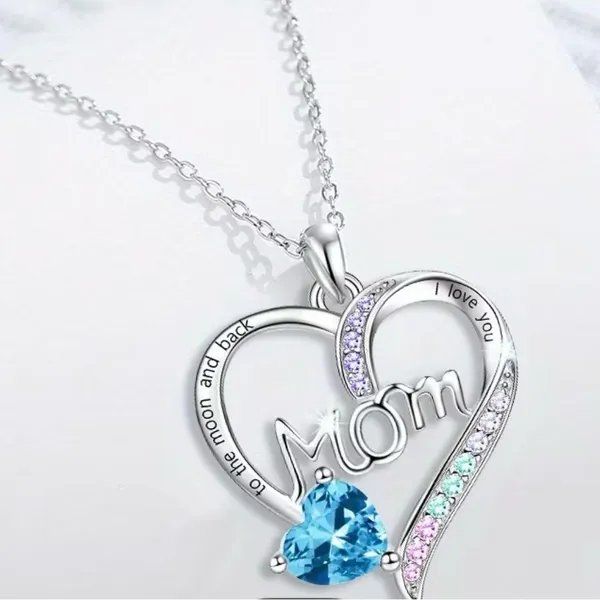 Silver Heart Mom Necklace with Blue and Multicolor Accents - Image 2