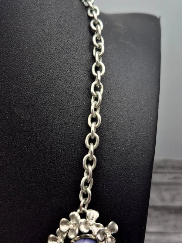 Silver-Tone Necklace W/ Purple Marble Stones & Floral Accents 21" Chain Length - Image 5