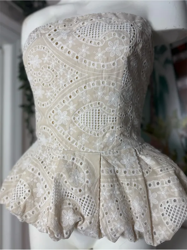 Akira Summer Time Bliss Beige Eyelet Peplum Corset Top Strapless Lace Up Size XL - Image 2