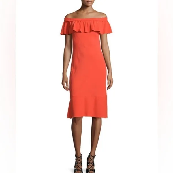 Veronica Beard Oleta Off‎ Shoulder Orange Midi Dress Size 4 Flamenco - Image 2