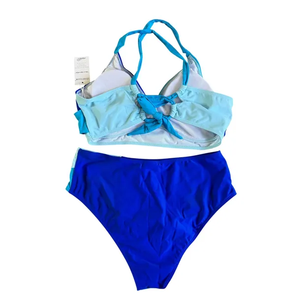 Rosvigor Swimsuit High‎ Waist Bikini Set Twist Front Top Blue Color Block L - Image 4