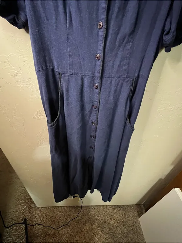 Basic Threads Santa Monica Blue Linen Tencel Button Front Midi Shirt Dress - Image 4