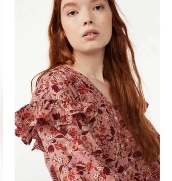 100% cotton pink rose floral oversized ruffle top size XS NWOT - Image 2