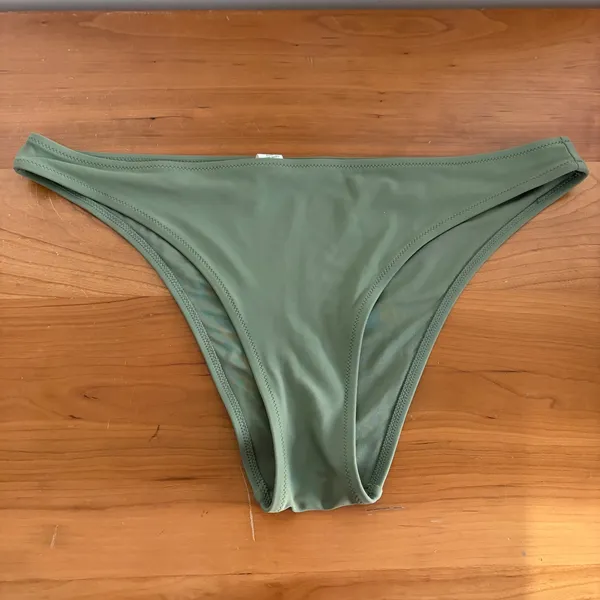 Aerie Olive Green Ribbed Bikini Set Scoop Halter Top L Bottoms M Cheekier 2pc - Image 2