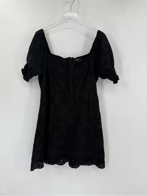 7 For All Mankind Black Puff Sleeve Eyelet Dress 100% Cotton‎ large - Image 3