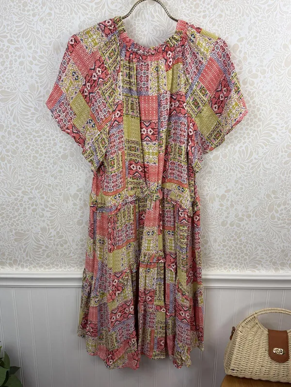 Anthropologie Pink and Yellow Robin Tiered Patchwork Mini Dress - Size - Small - Image 4