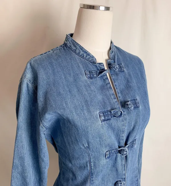 Guess vintage 90s blue chambray chinese knot button down long sleeve mini dress by - Image 5