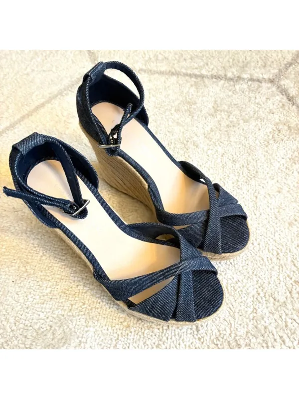 Christian Siriano Denim Espadrille Wedge Sandals Sz 6 Blue Open Toe Heels - Image 2