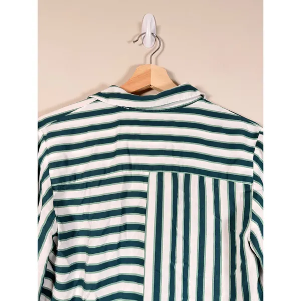 Maeve Anthropologie Green White Striped Button Down Shirt Long Sleeve Small - Image 5