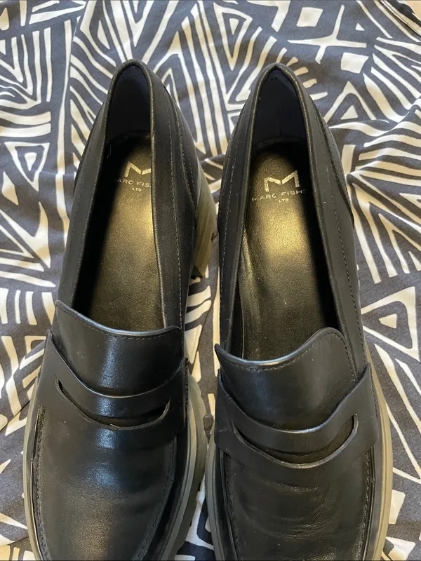 Marc Fisher Black Leather Penny Loafers with Chunky Gray Sole - Image 2