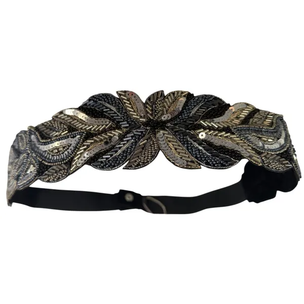 Silver Beaded Embroidered Boho Festival Floral Belt Elastic Sz 34 Waistband NWT - Image 2