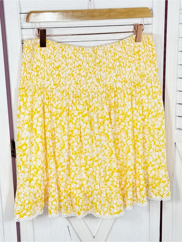 Lost + Wanderer Floral Lace Hem Smocked Waist Mini Skirt Yellow White XL Cottage - Image 8