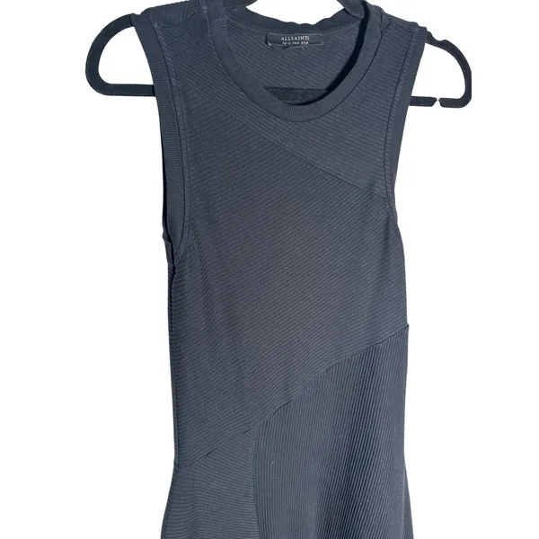 AllSaints Gia Black Asymmetric Midi Dress Ribbed High Low Size 6 - Image 6