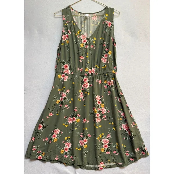Old Navy Olive Green Floral Sleeveless V-Neck Elastic Waist A-Line Dress Large - Image 3