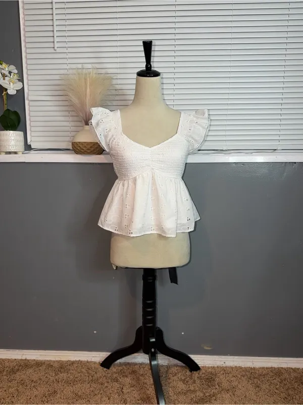 White Eyelet Smocked Peplum Blouse with Flutter Sleeves - Image 2