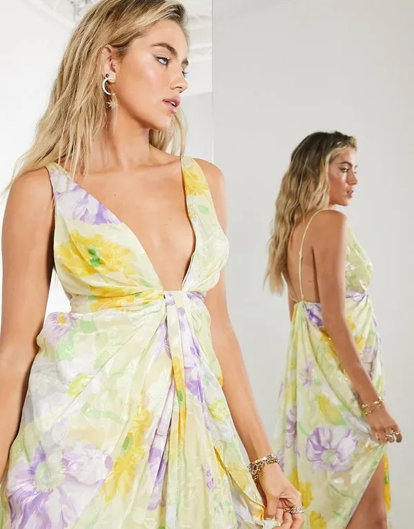 ASOS Dress Floral Bloom Cami Plunge Ruche Midi Dress Size 8 - Image 9