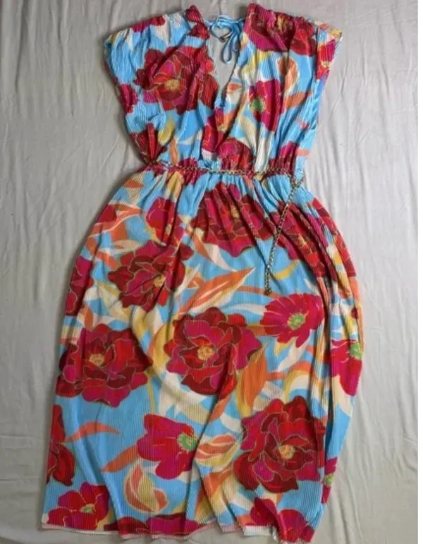 Plisse Hibiscus Midi Dress Blue Size L - Image 3